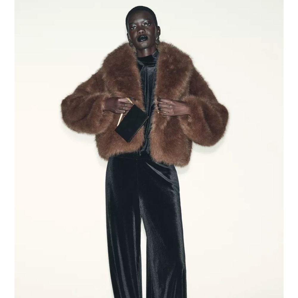 Zara Brown Short Faux Fur Jacket Size XS